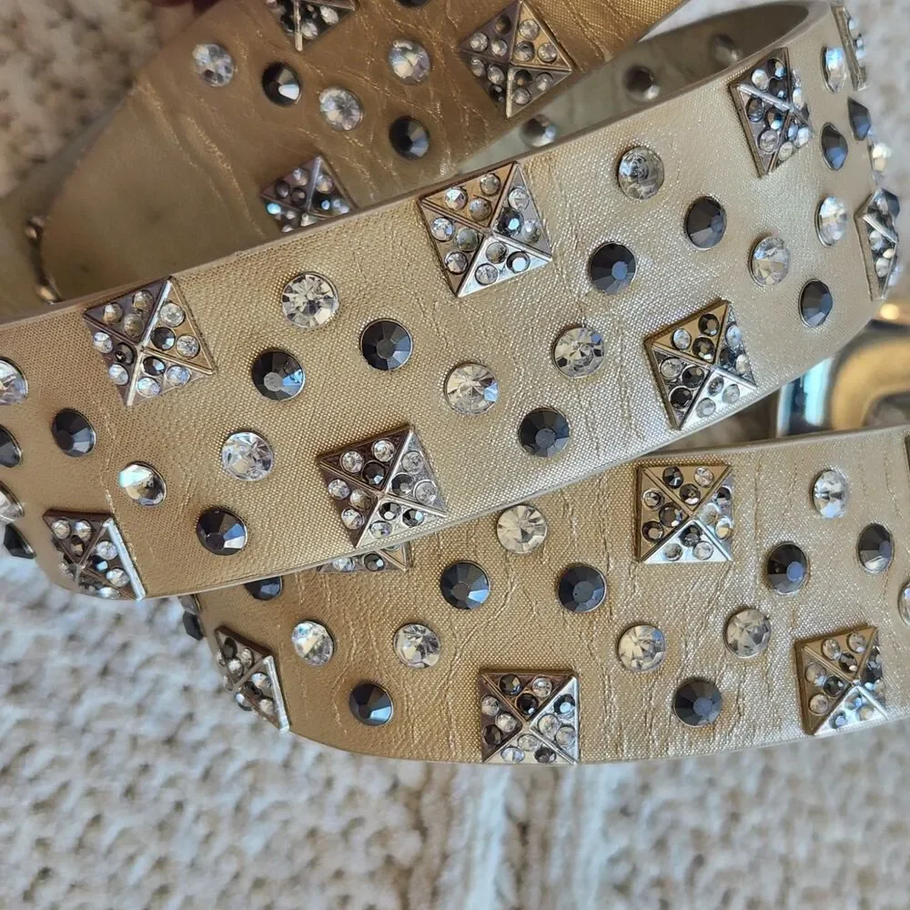 Y2K Buckle Brand Rhinestone Gold Studded Faux Leather Belt Size M